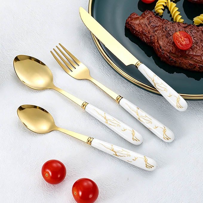 24pcs/set Deluxe Gold Cutlery Set with Ceramic Handles - Luxury Stainless Steel Spoon, Fork & Knife Set - Ideal for Home Dining, Parties & Gifting