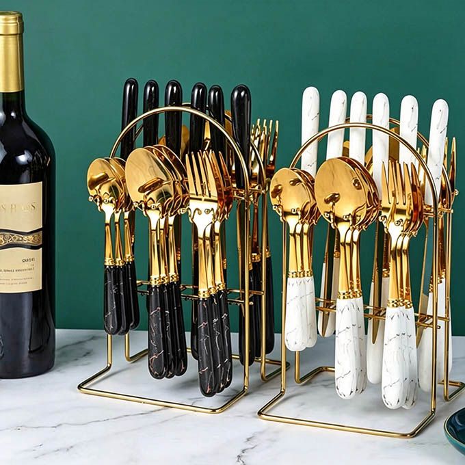 24pcs/set Deluxe Gold Cutlery Set with Ceramic Handles - Luxury Stainless Steel Spoon, Fork & Knife Set - Ideal for Home Dining, Parties & Gifting