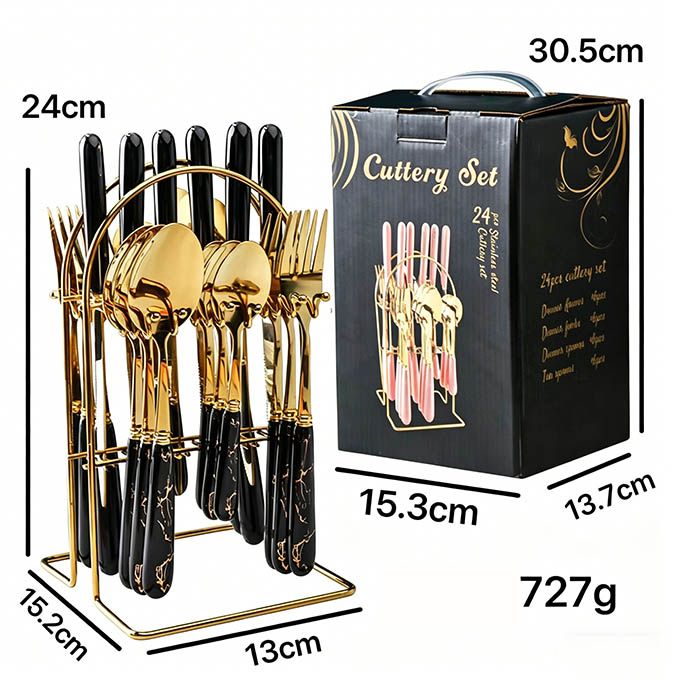 24pcs/set Deluxe Gold Cutlery Set with Ceramic Handles - Luxury Stainless Steel Spoon, Fork & Knife Set - Ideal for Home Dining, Parties & Gifting