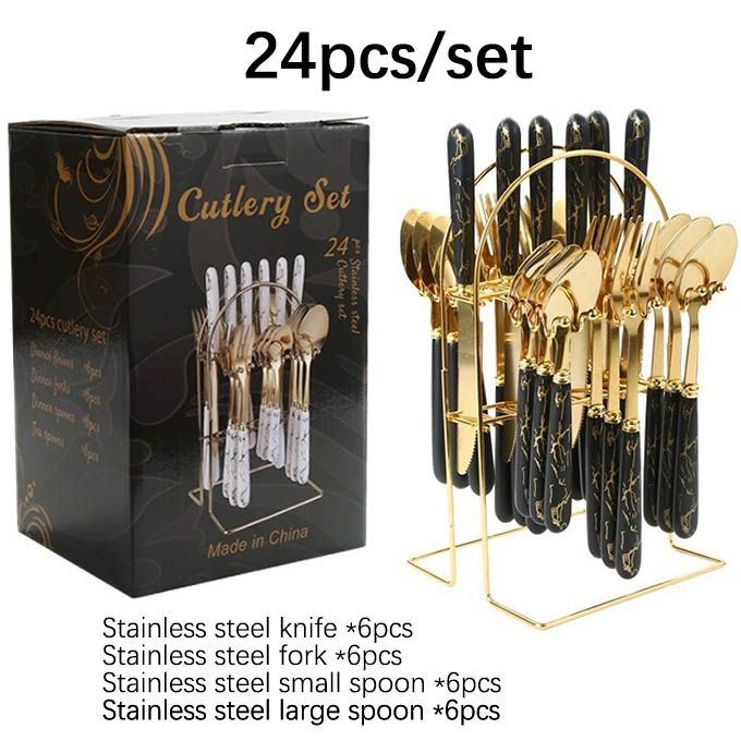 24pcs/set Deluxe Gold Cutlery Set with Ceramic Handles - Luxury Stainless Steel Spoon, Fork & Knife Set - Ideal for Home Dining, Parties & Gifting