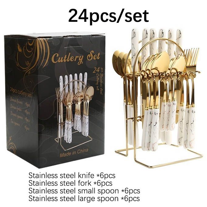 24pcs/set Deluxe Gold Cutlery Set with Ceramic Handles - Luxury Stainless Steel Spoon, Fork & Knife Set - Ideal for Home Dining, Parties & Gifting