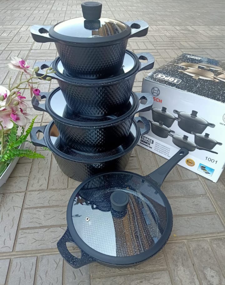 BLACK NOVEMBER OFFERS!! Bosch Long Diamond 10PCS Granite Cookware Set with Silicone Lid Non Stick Cooking Pots, With Silicon lids. Available in Grey and Black