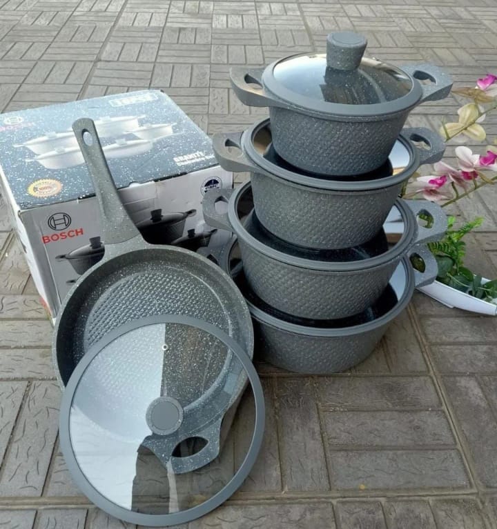 BLACK NOVEMBER OFFERS!! Bosch Long Diamond 10PCS Granite Cookware Set with Silicone Lid Non Stick Cooking Pots, With Silicon lids. Available in Grey and Black