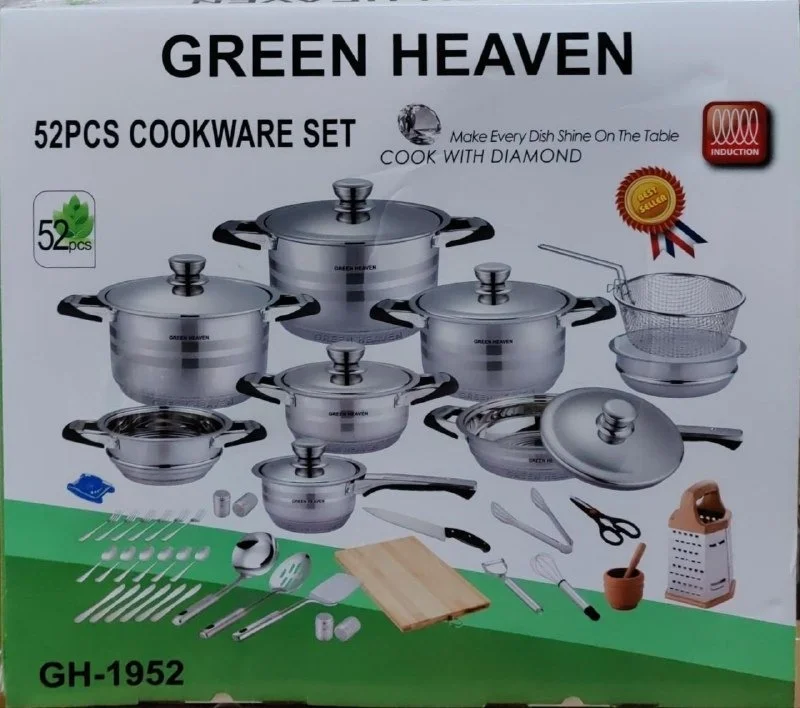 DISCOUNTED DEALS!! 52-Piece Green Heaven Induction Base Stainless Steel Cookware Set GH-1952