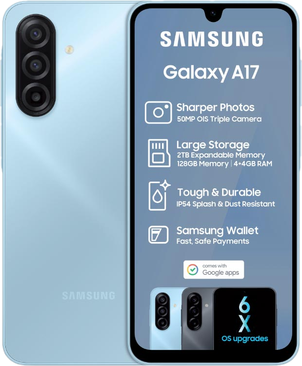 [ NEW ARRIVAL] Samsung Galaxy A17 4G 6.7'' 128 GB ROM + 6 GB RAM 5000 mAh 50 MP+ 13 MP camera Android 15 Super AMOLED Fingerprint (side-mounted) smartphones +FREE GIFTS (ADAPTER,COVER,EARPODS)