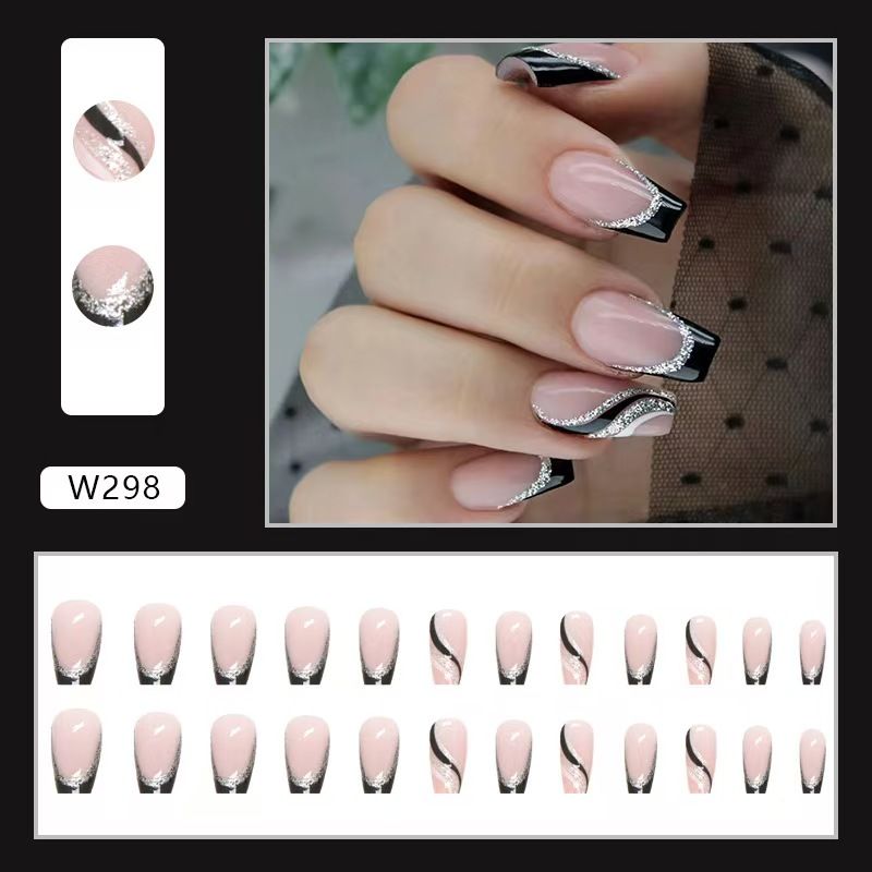 24 pieces  Nail Art Reusable Wearing armor Black glitter French simplicity Glue and jelly glue For Ladies