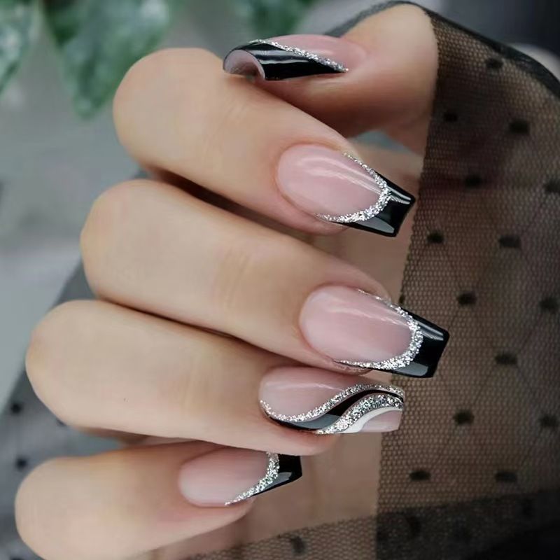 24 pieces  Nail Art Reusable Wearing armor Black glitter French simplicity Glue and jelly glue For Ladies
