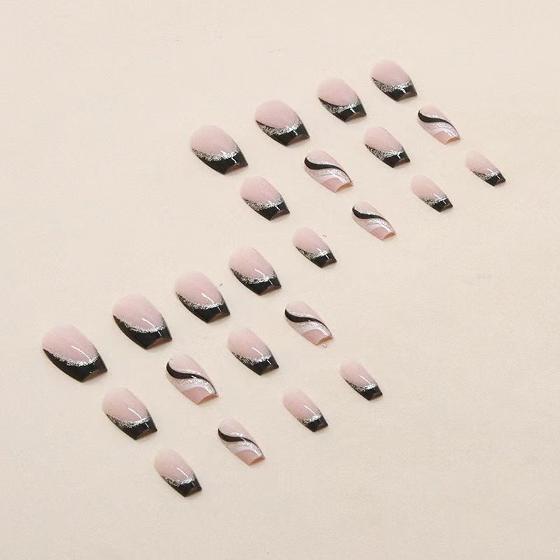 24 pieces  Nail Art Reusable Wearing armor Black glitter French simplicity Glue and jelly glue For Ladies