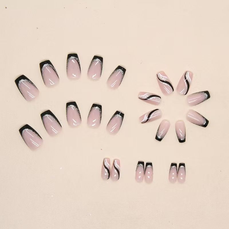 24 pieces  Nail Art Reusable Wearing armor Black glitter French simplicity Glue and jelly glue For Ladies