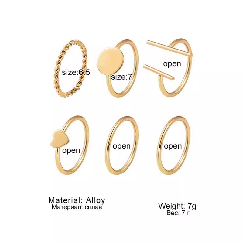 Gold Ring Ring 6-piece set Simplicity geometry Love Ring 6-piece set Fashionable and versatile Women's Rings