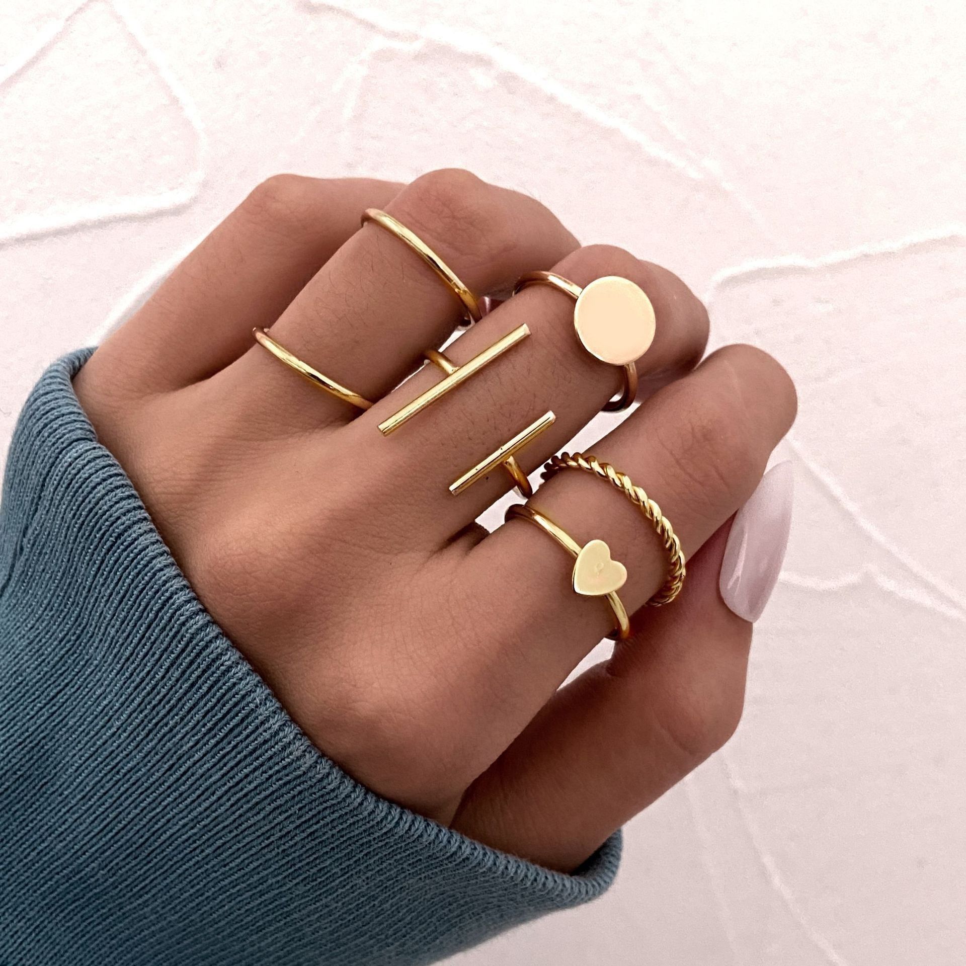 Gold Ring Ring 6-piece set Simplicity geometry Love Ring 6-piece set Fashionable and versatile Women's Rings