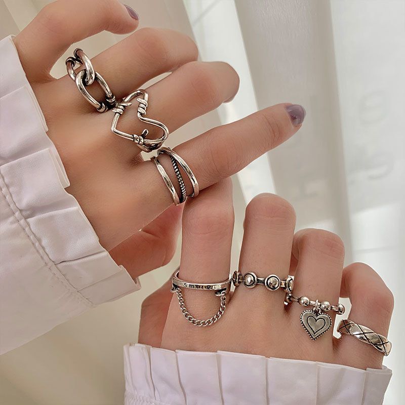 6-piece ring set Geometry Love heart graphic Open Ring Can be worn on any finger Fashionable and versatile Women's Rings