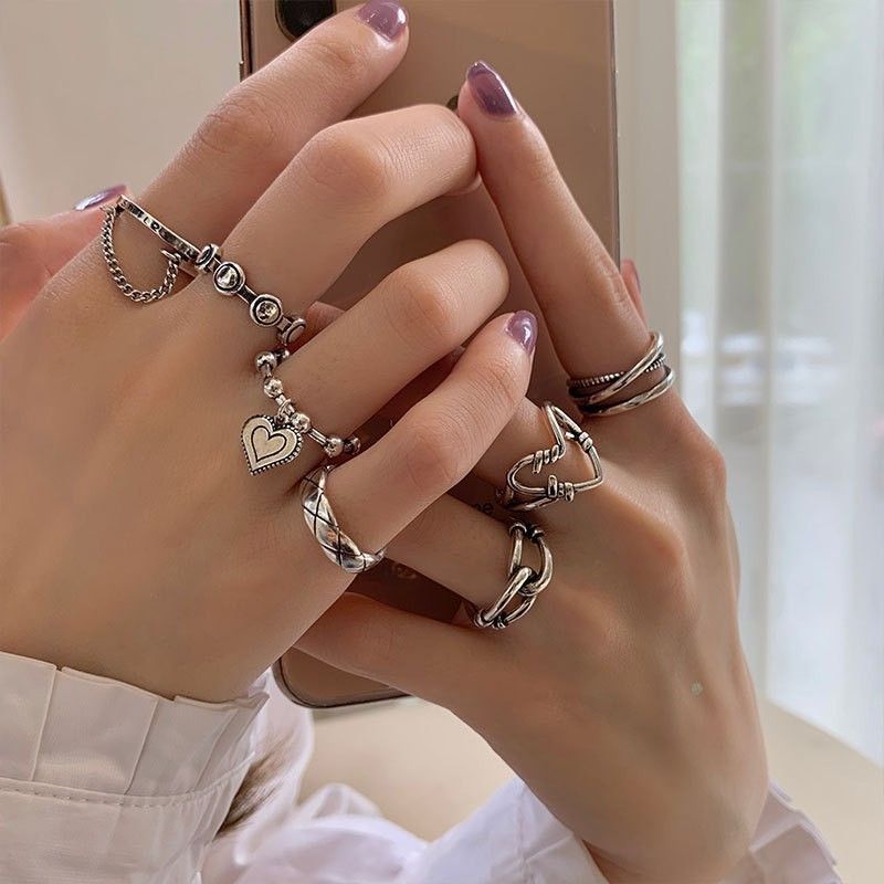 6-piece ring set Geometry Love heart graphic Open Ring Can be worn on any finger Fashionable and versatile Women's Rings