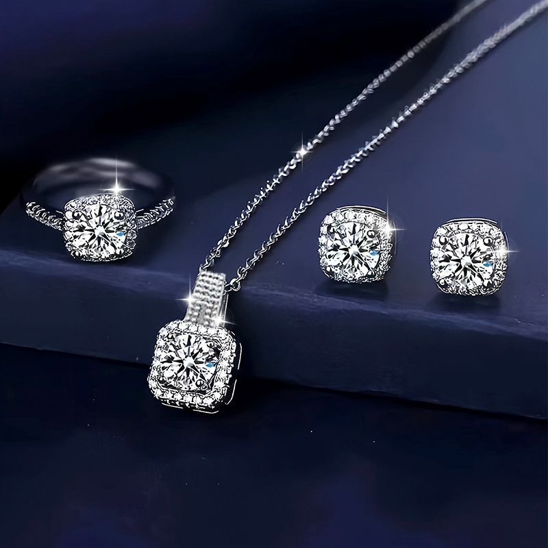 Square Diamond Zircon jewelry Set of decorations Earrings Ring Necklace Fashion temperament Women's Jewelry Sets