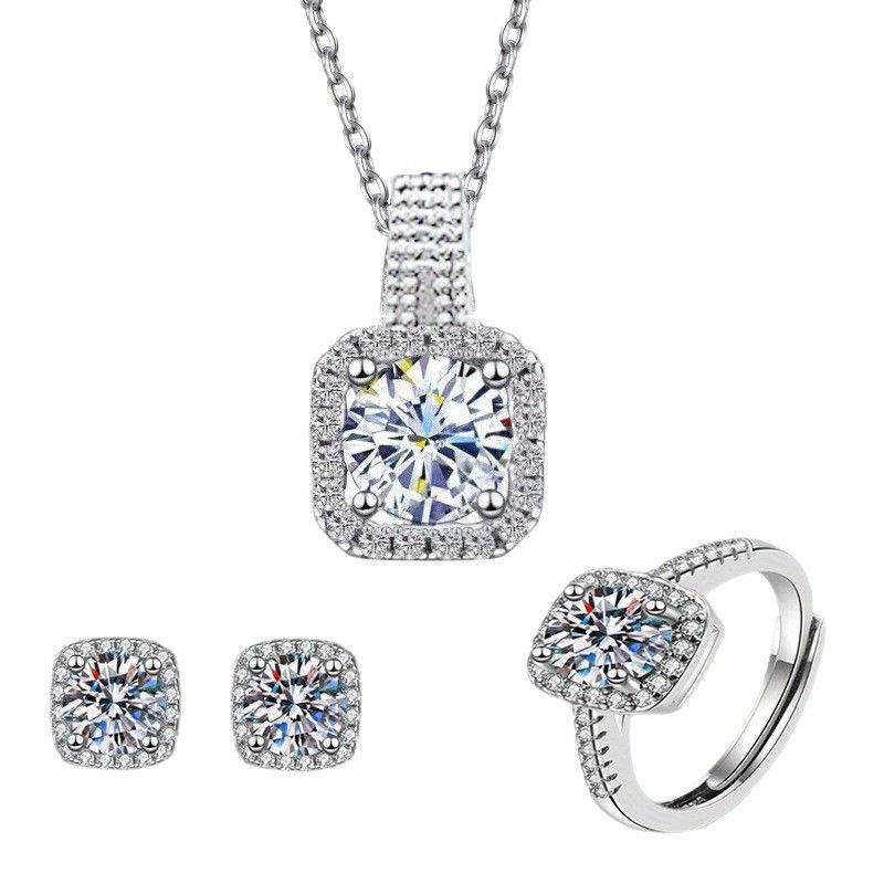 Square Diamond Zircon jewelry Set of decorations Earrings Ring Necklace Fashion temperament Women's Jewelry Sets