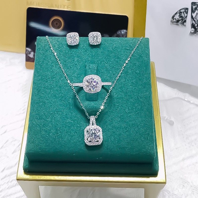 Square Diamond Zircon jewelry Set of decorations Earrings Ring Necklace Fashion temperament Women's Jewelry Sets