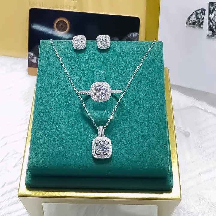 Square Diamond Zircon jewelry Set of decorations Earrings Ring Necklace Fashion temperament Women's Jewelry Sets