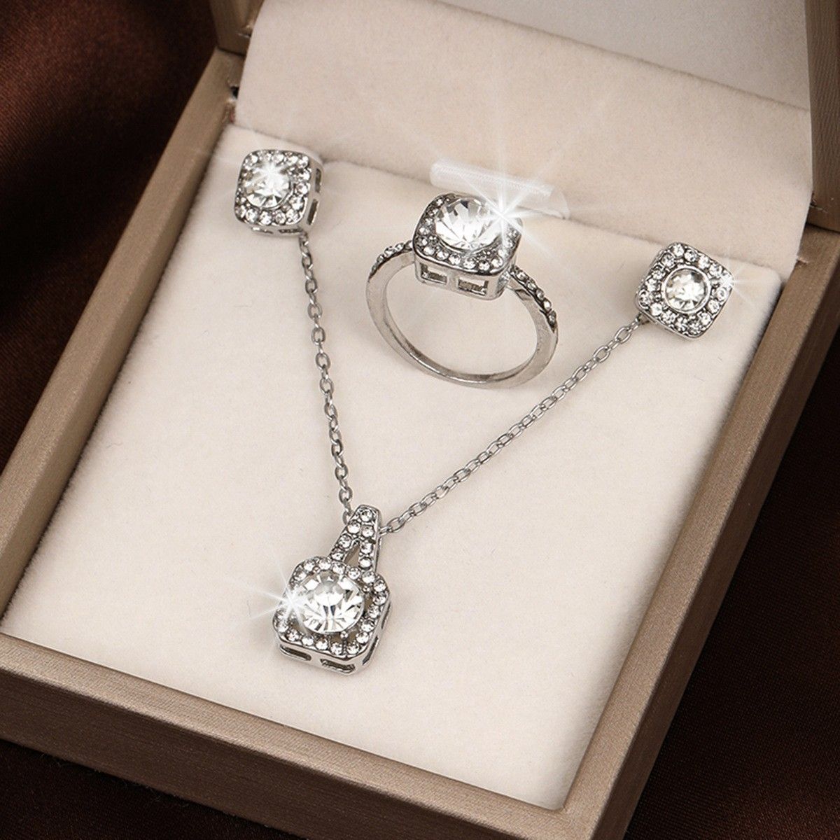 Square Diamond Zircon jewelry Set of decorations Earrings Ring Necklace Fashion temperament Women's Jewelry Sets