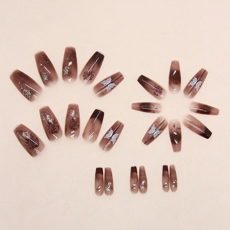 False Nails 24-piece Press-on Nails Reusable & Removable   Sheer Pink Manicure Butterfly Flower Press - on Nails Diamond and Pearl Manicure Blue Camellia Manicure