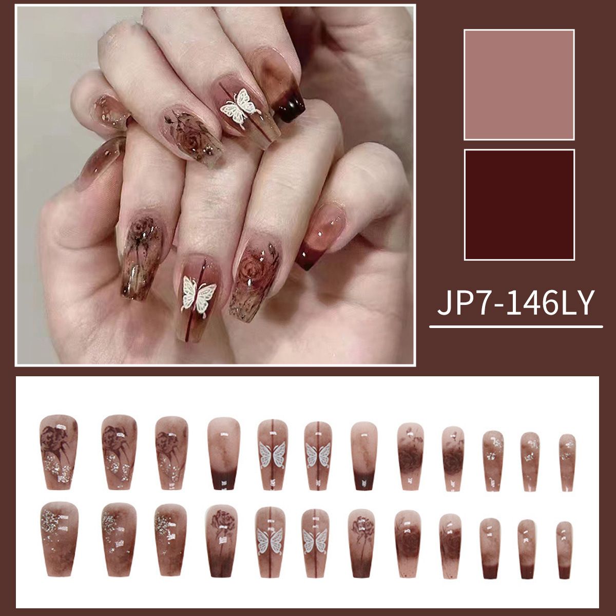 False Nails 24-piece Press-on Nails Reusable & Removable   Sheer Pink Manicure Butterfly Flower Press - on Nails Diamond and Pearl Manicure Blue Camellia Manicure