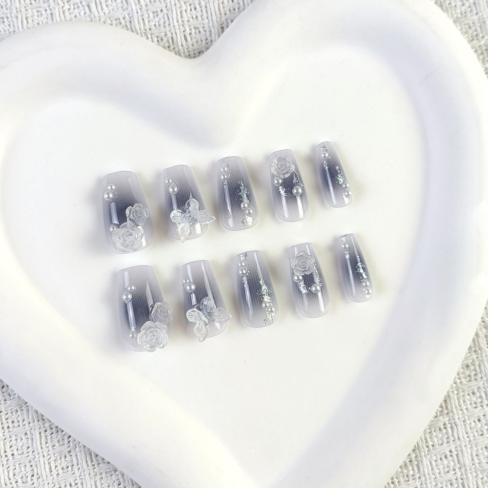 False Nails 24-piece Press-on Nails Reusable & Removable   Sheer Pink Manicure Butterfly Flower Press - on Nails Diamond and Pearl Manicure Blue Camellia Manicure