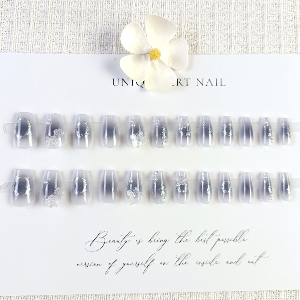 False Nails 24-piece Press-on Nails Reusable & Removable   Sheer Pink Manicure Butterfly Flower Press - on Nails Diamond and Pearl Manicure Blue Camellia Manicure