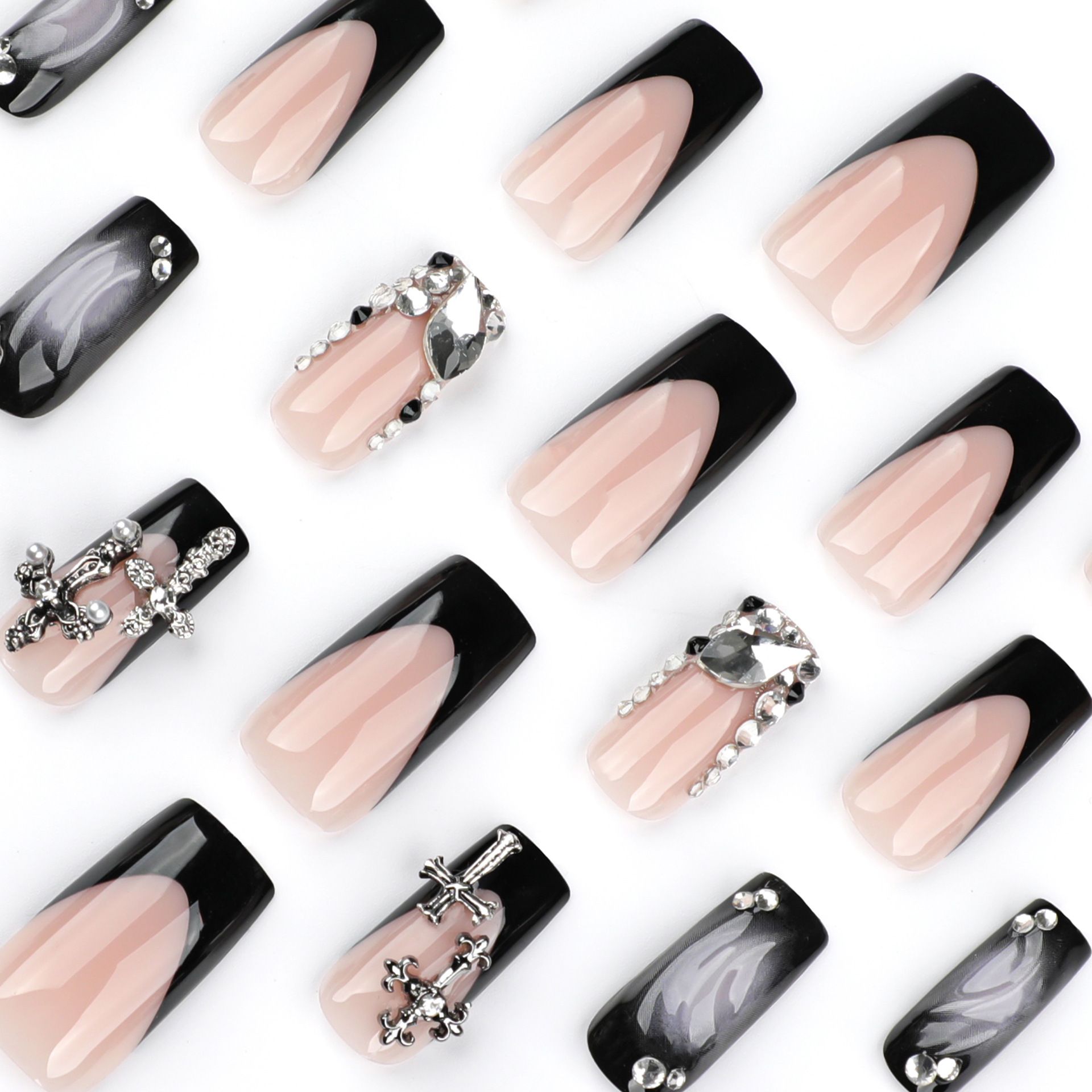 false nails  Hot Sale 24Pcs Luxury Pink 3D Bow Press On Nails New Luxury Press On Nails Pink Bow & Black Cross Design Long Coffin Fake Nails for Women