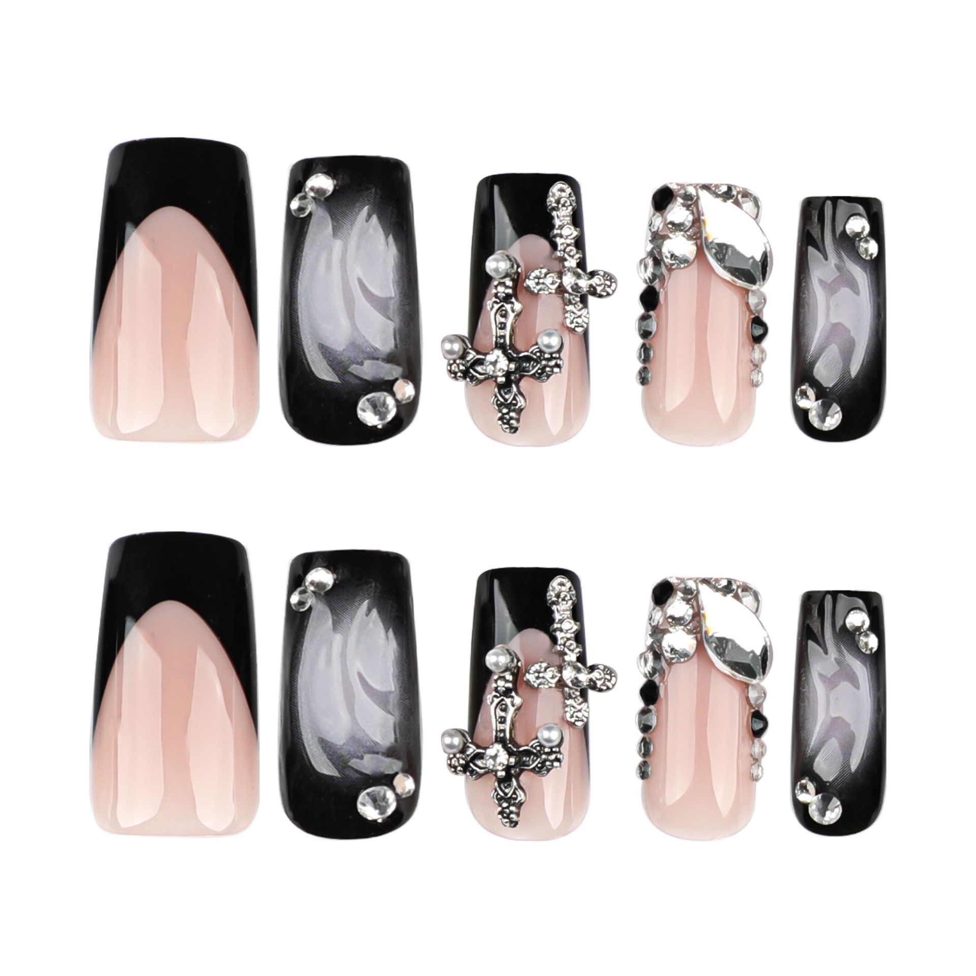false nails  Hot Sale 24Pcs Luxury Pink 3D Bow Press On Nails New Luxury Press On Nails Pink Bow & Black Cross Design Long Coffin Fake Nails for Women