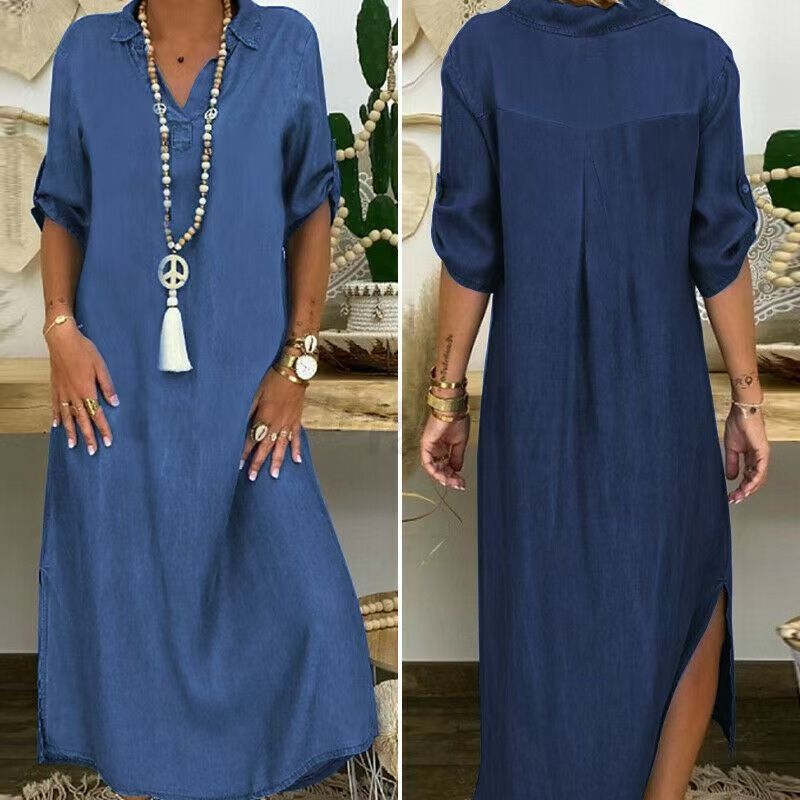 Short Sleeve Denim Maxi Dress Plus Size Women Denim Dress High Waist Casual Jean Dress Fashion Ladies Loose Comfortable Dresses