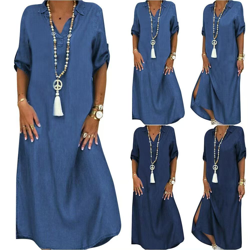 Short Sleeve Denim Maxi Dress Plus Size Women Denim Dress High Waist Casual Jean Dress Fashion Ladies Loose Comfortable Dresses