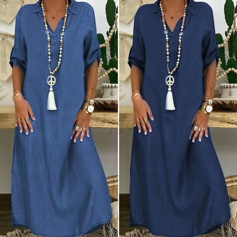 Short Sleeve Denim Maxi Dress Plus Size Women Denim Dress High Waist Casual Jean Dress Fashion Ladies Loose Comfortable Dresses