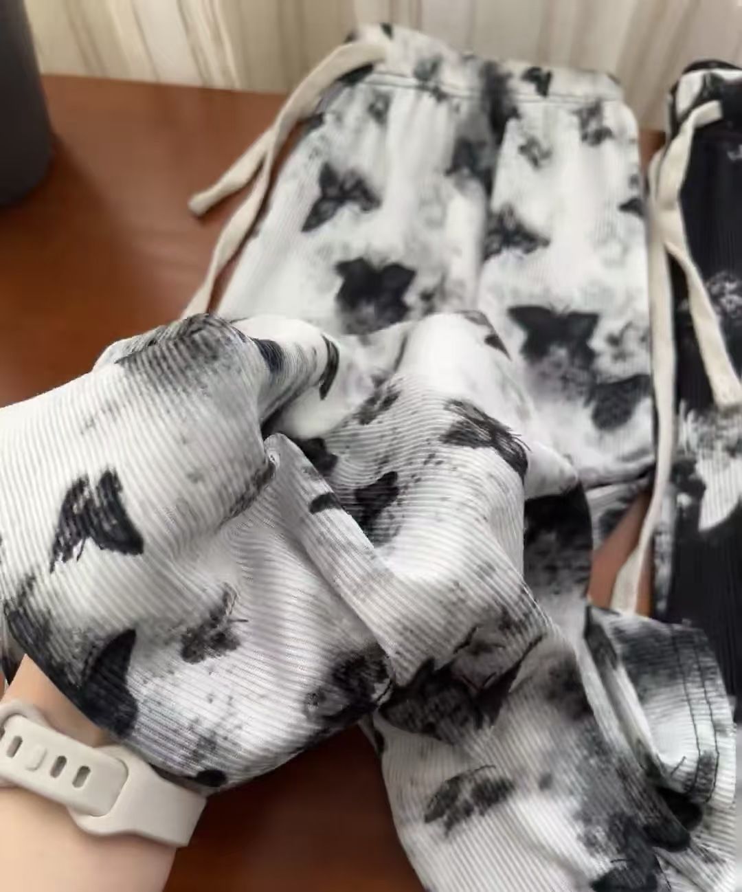 Ladies Ice Silk Ribbed High Waist Wide Leg Pants | Butterfly Print Draped Straight Trousers | Women Fashion Loose Pants