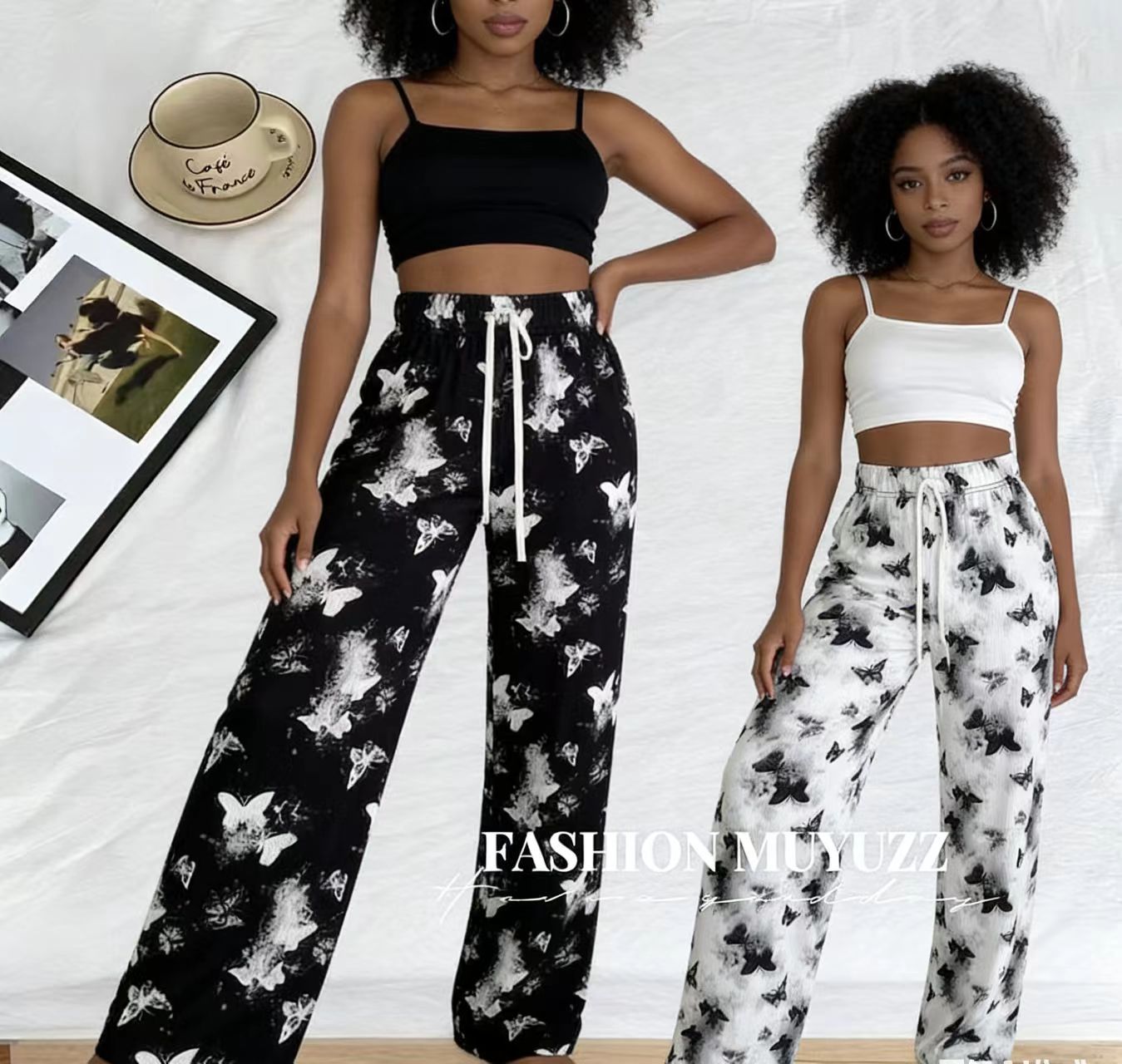 Ladies Ice Silk Ribbed High Waist Wide Leg Pants | Butterfly Print Draped Straight Trousers | Women Fashion Loose Pants