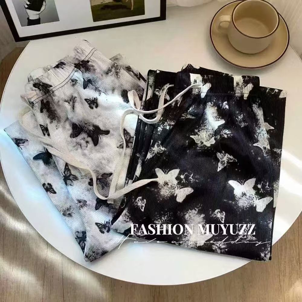 Ladies Ice Silk Ribbed High Waist Wide Leg Pants | Butterfly Print Draped Straight Trousers | Women Fashion Loose Pants