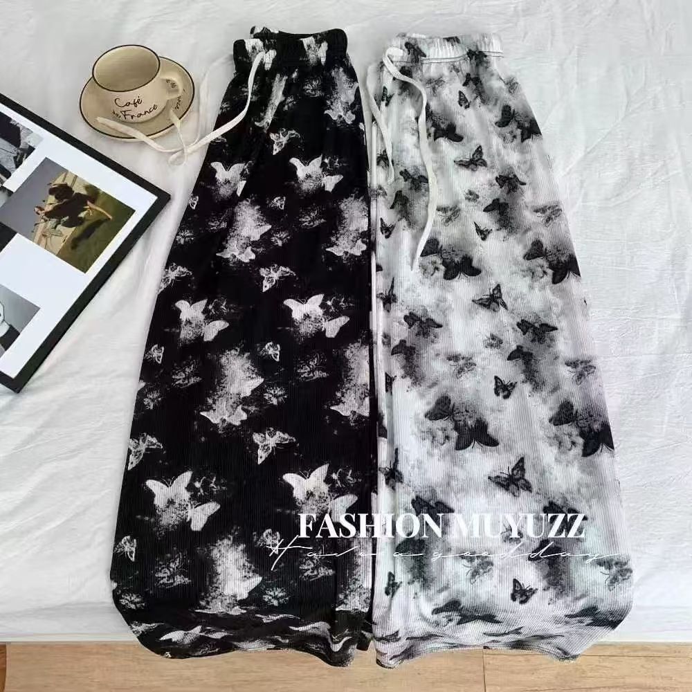 Ladies Ice Silk Ribbed High Waist Wide Leg Pants | Butterfly Print Draped Straight Trousers | Women Fashion Loose Pants