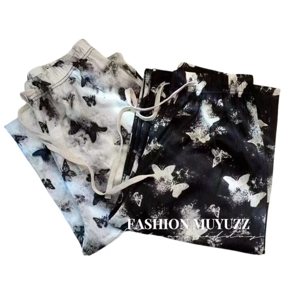 Ladies Ice Silk Ribbed High Waist Wide Leg Pants | Butterfly Print Draped Straight Trousers | Women Fashion Loose Pants