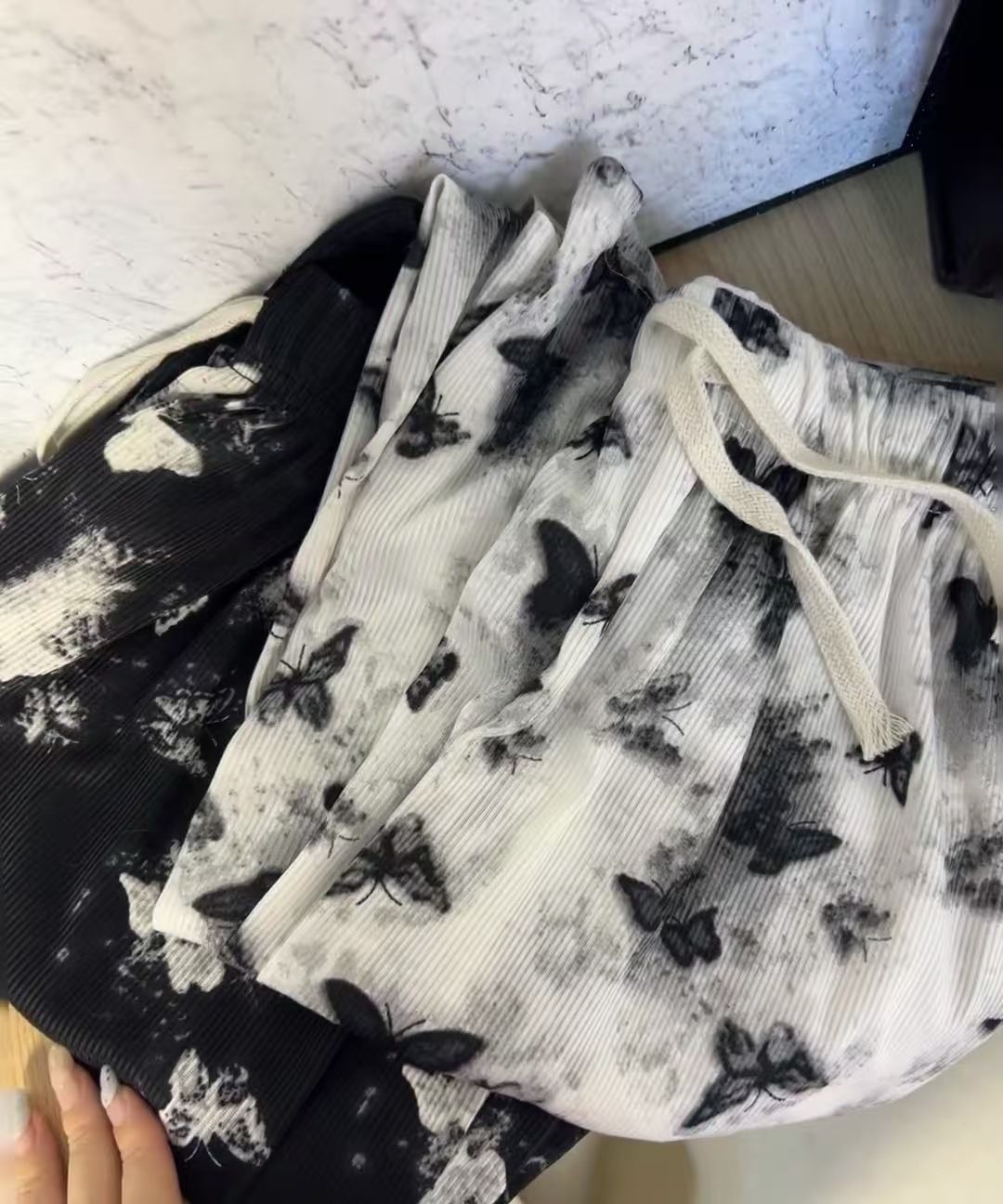 Ladies Ice Silk Ribbed High Waist Wide Leg Pants | Butterfly Print Draped Straight Trousers | Women Fashion Loose Pants