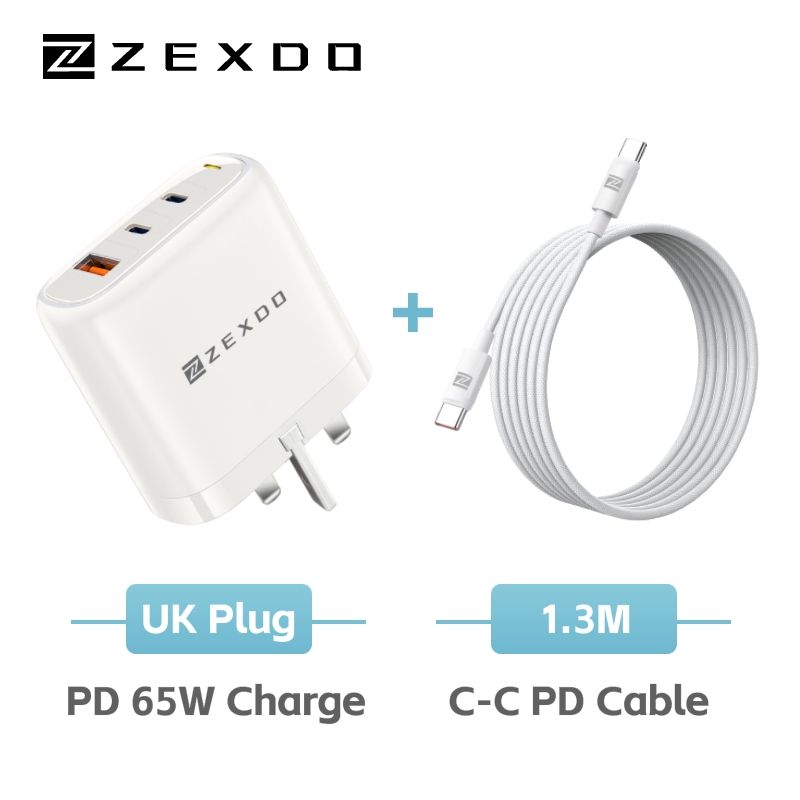ZEXDO 65W GaN Charge 3 Ports UK Plug PD3.0 Fast Charger Adapter Compact for Phone 15/14/13 Pro Max Laptop Tablet