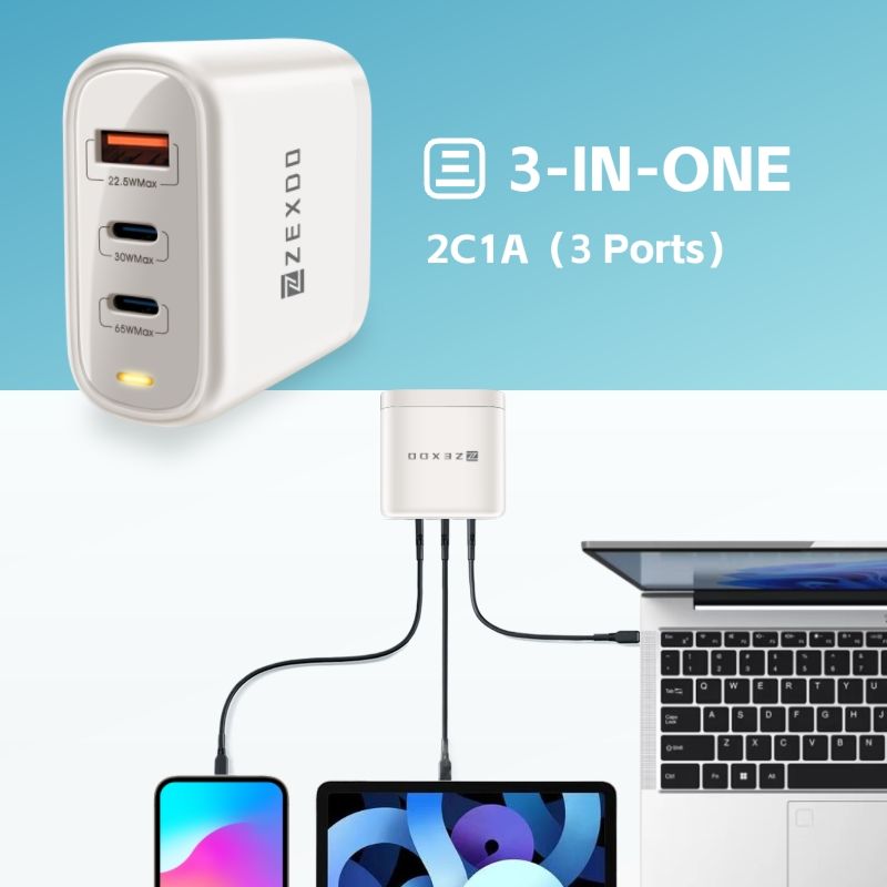 ZEXDO 65W GaN Charge 3 Ports UK Plug PD3.0 Fast Charger Adapter Compact for Phone 15/14/13 Pro Max Laptop Tablet