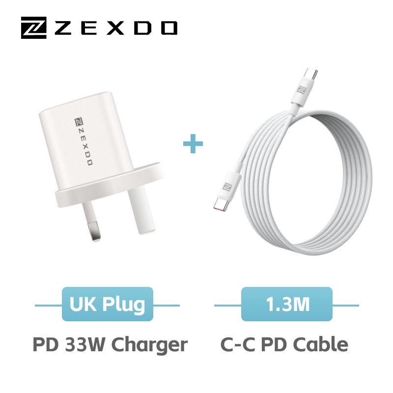 ZEXDO 33W GaN Charger 1C1A 2 Ports UK Plug PD3.0 Fast Adapter Compact for iP 15/14/13/12  Laptop Tablet