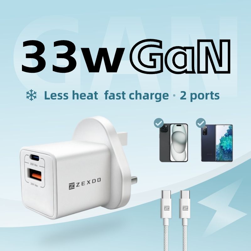 ZEXDO 33W GaN Charger 1C1A 2 Ports UK Plug PD3.0 Fast Adapter Compact for iP 15/14/13/12  Laptop Tablet
