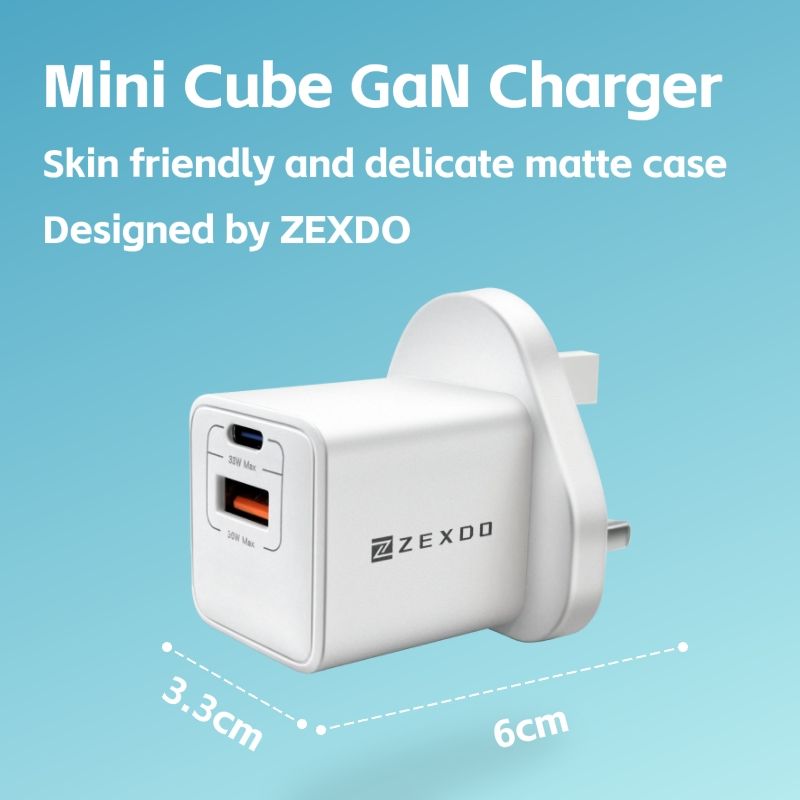 ZEXDO 33W GaN Charger 1C1A 2 Ports UK Plug PD3.0 Fast Adapter Compact for iP 15/14/13/12  Laptop Tablet