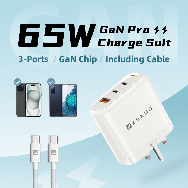 ZEXDO 65W GaN Charge 3 Ports UK Plug PD3.0 Fast Charger Adapter Compact for Phone 15/14/13 Pro Max Laptop Tablet