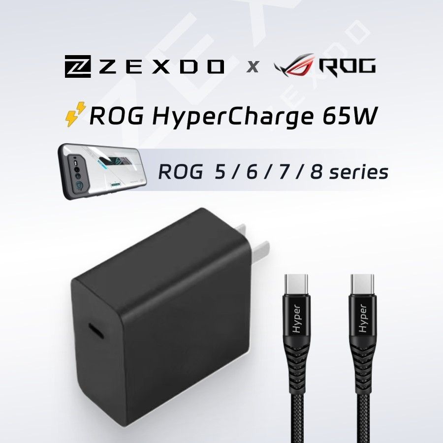 ZEXDO For ASUS ROG 65W Fast Hyper Charging Set  Travel Charger adapter ROG phone 2 3 5 5s 6 7 8 ROG Ally Zenfone Type-C Power PD cable