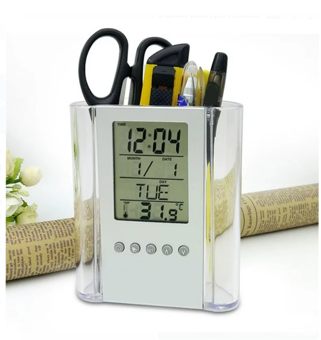 Pen Pencil Holder/organizer, Digital LCD Desk Pen Holder, Calendar, Timer, clock, thermometer Desktop Electronic Office stationary organizer, office giftset, bedroom table organizer, can be branded fo