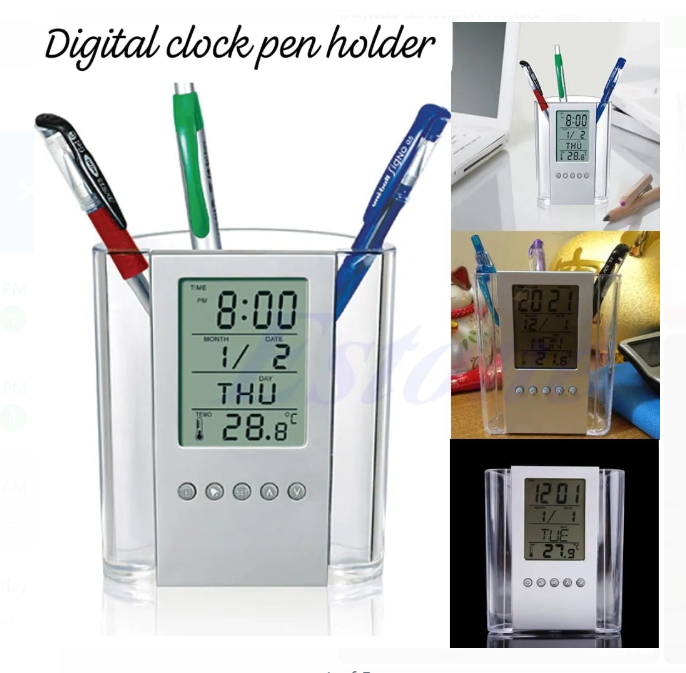 Pen Pencil Holder/organizer, Digital LCD Desk Pen Holder, Calendar, Timer, clock, thermometer Desktop Electronic Office stationary organizer, office giftset, bedroom table organizer, can be branded fo