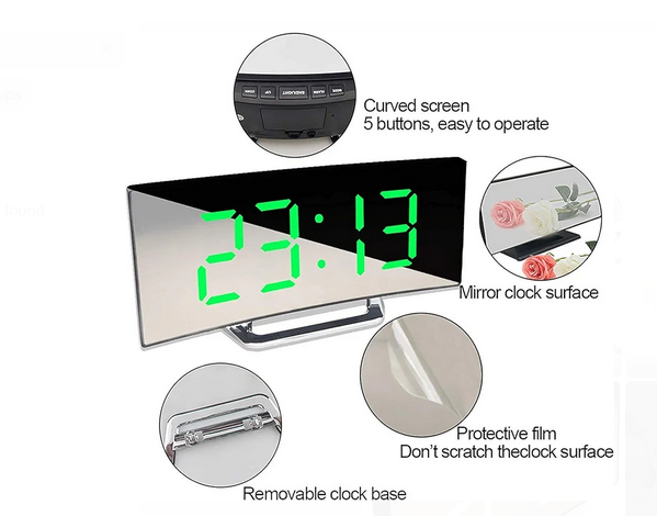 Digital Alarm Clock Bedside, LED Bedside Clock with 7" Curved Screen, Snooze, 2 Levels of Brightness,Night Light, USB Charging Port and battery powered, 12/24 Hr, for Heavy Sleepers, Travel clock.