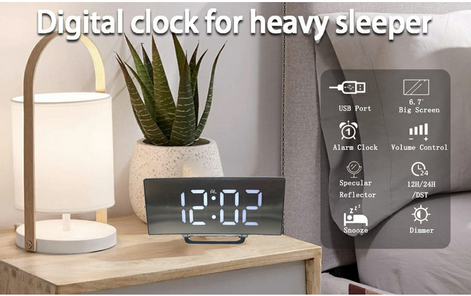 Digital Alarm Clock Bedside, LED Bedside Clock with 7" Curved Screen, Snooze, 2 Levels of Brightness,Night Light, USB Charging Port and battery powered, 12/24 Hr, for Heavy Sleepers, Travel clock.