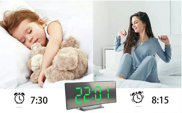 Digital Alarm Clock Bedside, LED Bedside Clock with 7" Curved Screen, Snooze, 2 Levels of Brightness,Night Light, USB Charging Port and battery powered, 12/24 Hr, for Heavy Sleepers, Travel clock.