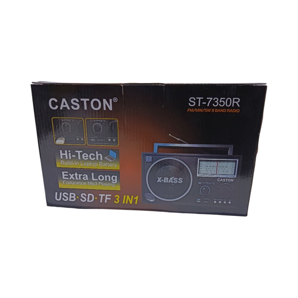 Caston 7350R rechargeable FM radio with clear sound, portable design and built-in battery for indoor and outdoor use